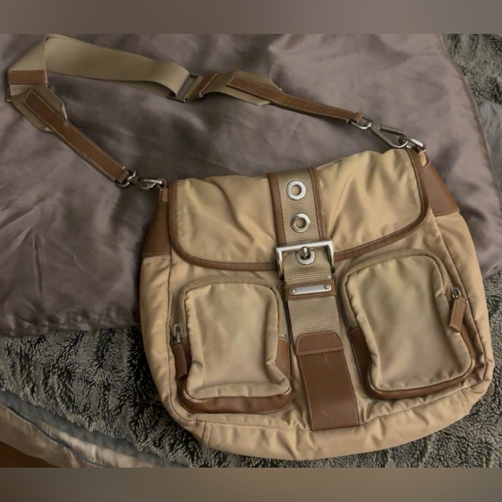 Vintage Prada Tan & Brown Nylon Messenger Tote Bag